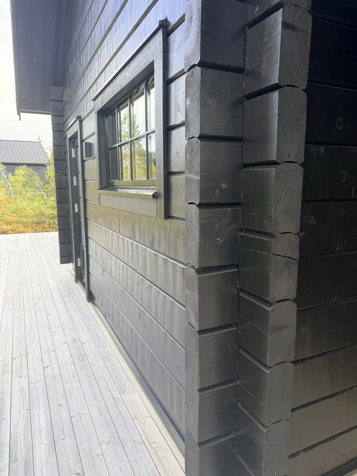 Hörnparti med svartlaserad liggande panel, fönster med ljus fönsterbleck och svart fasadlampa